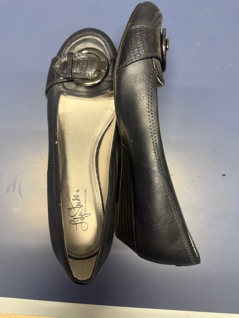 Life Stride Black Wedge Loafers with Buckle Accent